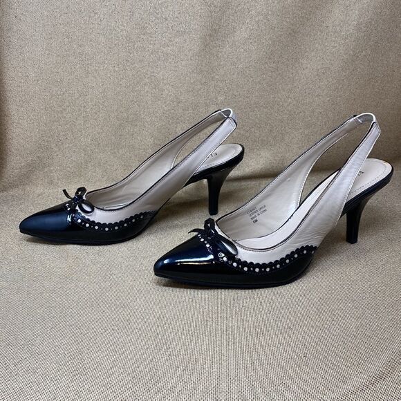 Ellen Tracy Bindy Black & Cream Leather Slingback Heels - Picture 4 of 10